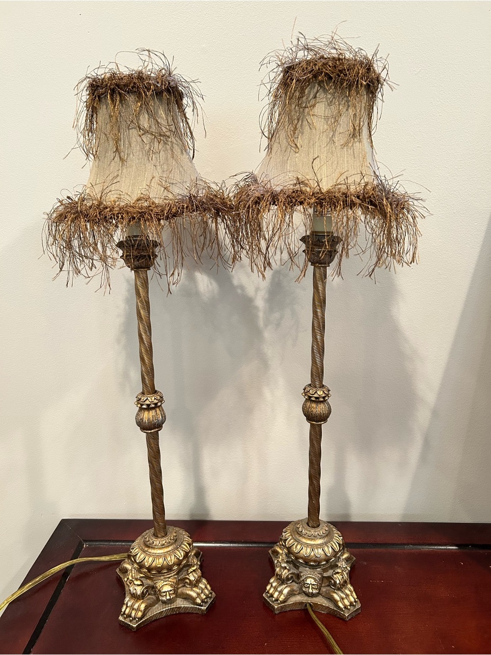Elegant Antique-Style Gold Table Lamps with Fringe Shades